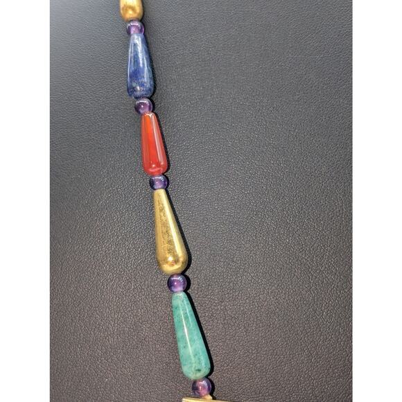 Vintage MMA 1976 Egyptian Scarab Falcon Gold Tone Pectoral Stone Bead Necklace - Picture 2 of 7